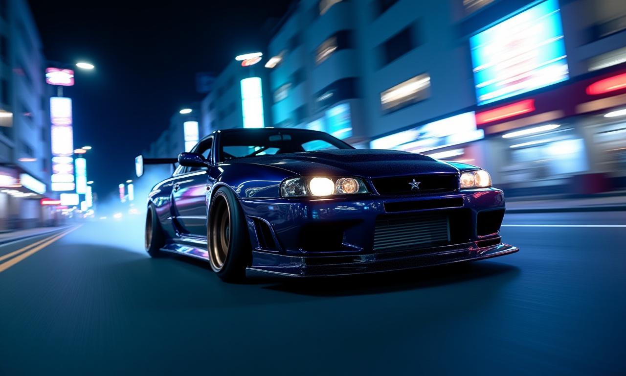 夜の横浜の街をドリフトするカスタムカー